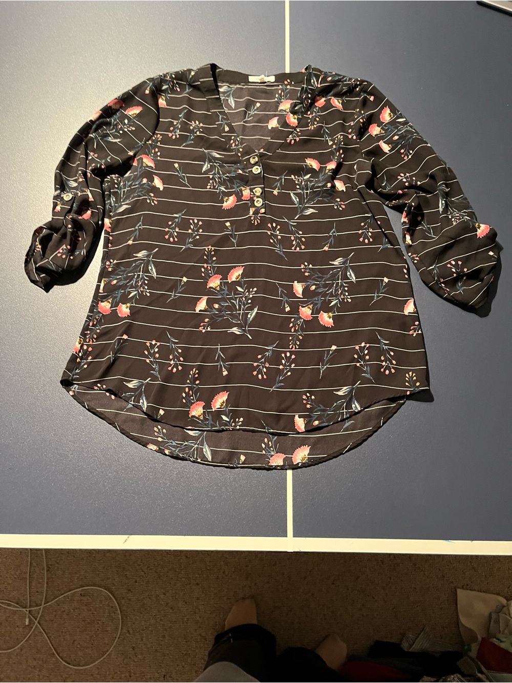 Maurices Black Floral Henley Blouse